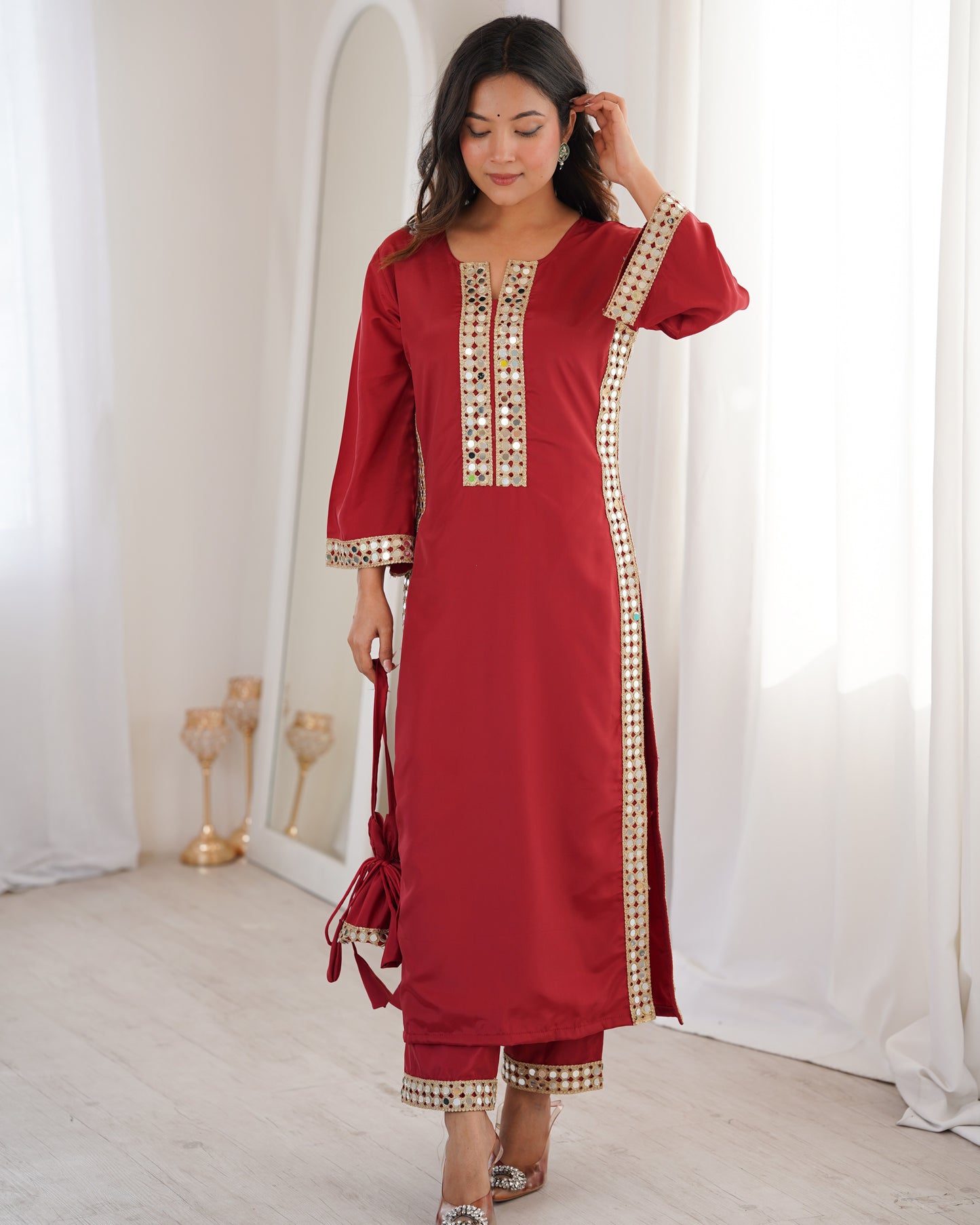 Aarohi Maroon Mirror-Work Straight Kurta Set with Potli