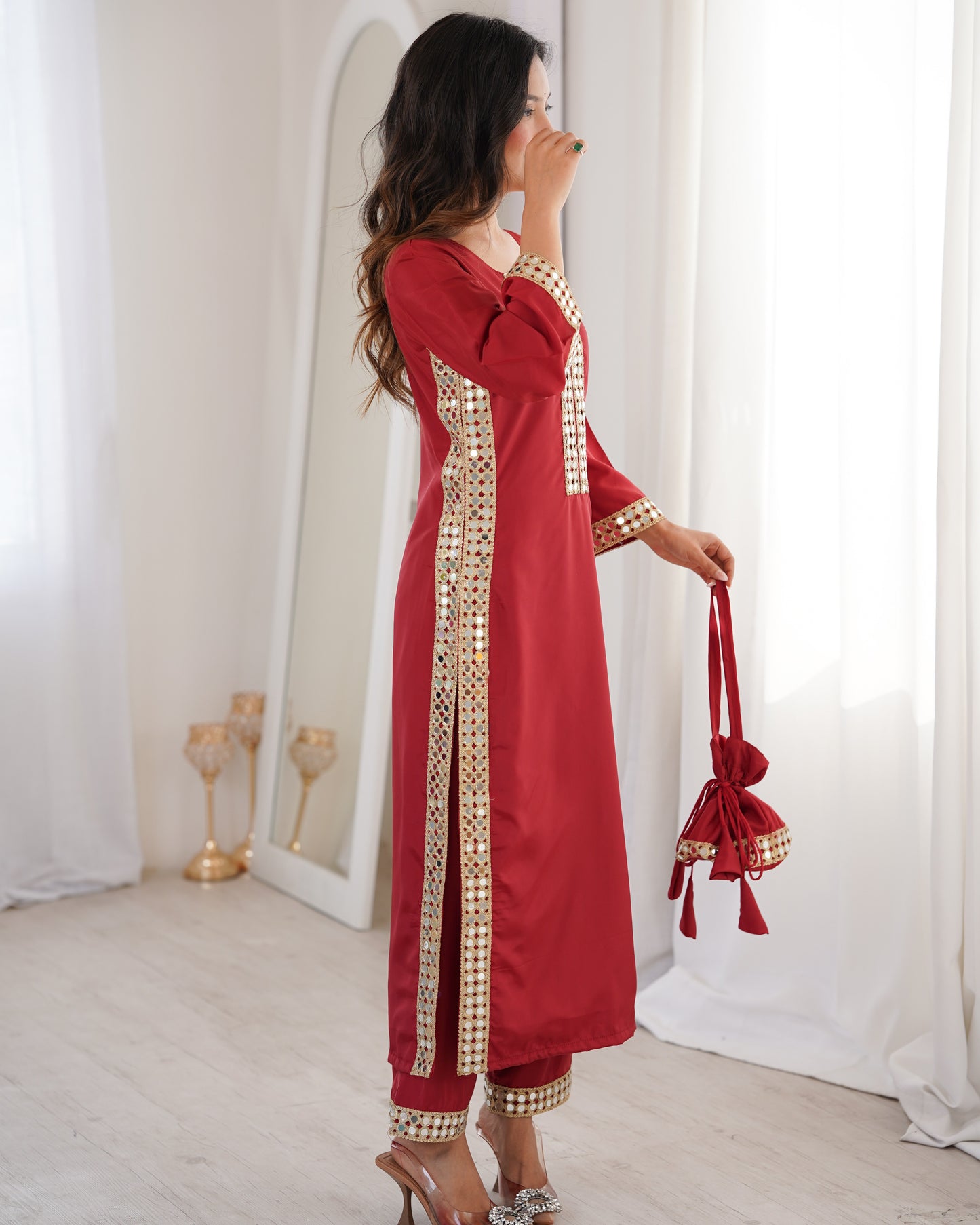 Aarohi Maroon Mirror-Work Straight Kurta Set with Potli