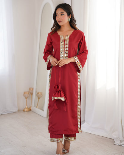 Aarohi Maroon Mirror-Work Straight Kurta Set with Potli