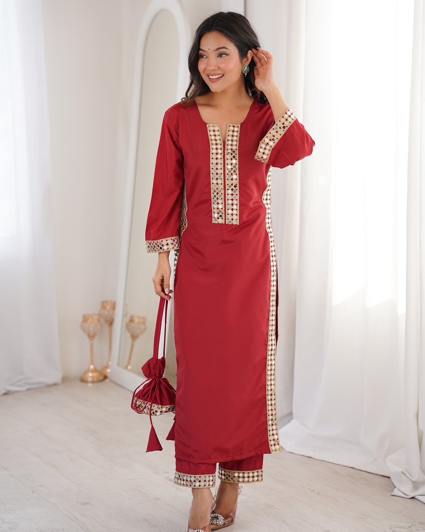 Aarohi Maroon Mirror-Work Straight Kurta Set with Potli