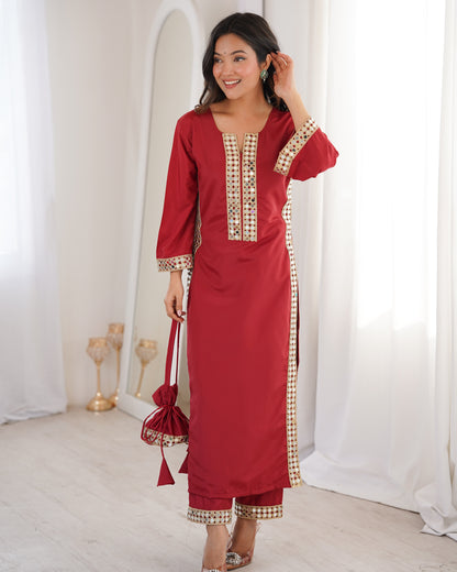 Aarohi Maroon Mirror-Work Straight Kurta Set with Potli