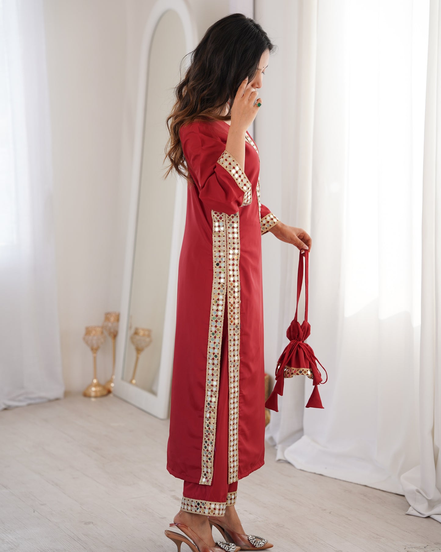 Aarohi Maroon Mirror-Work Straight Kurta Set with Potli