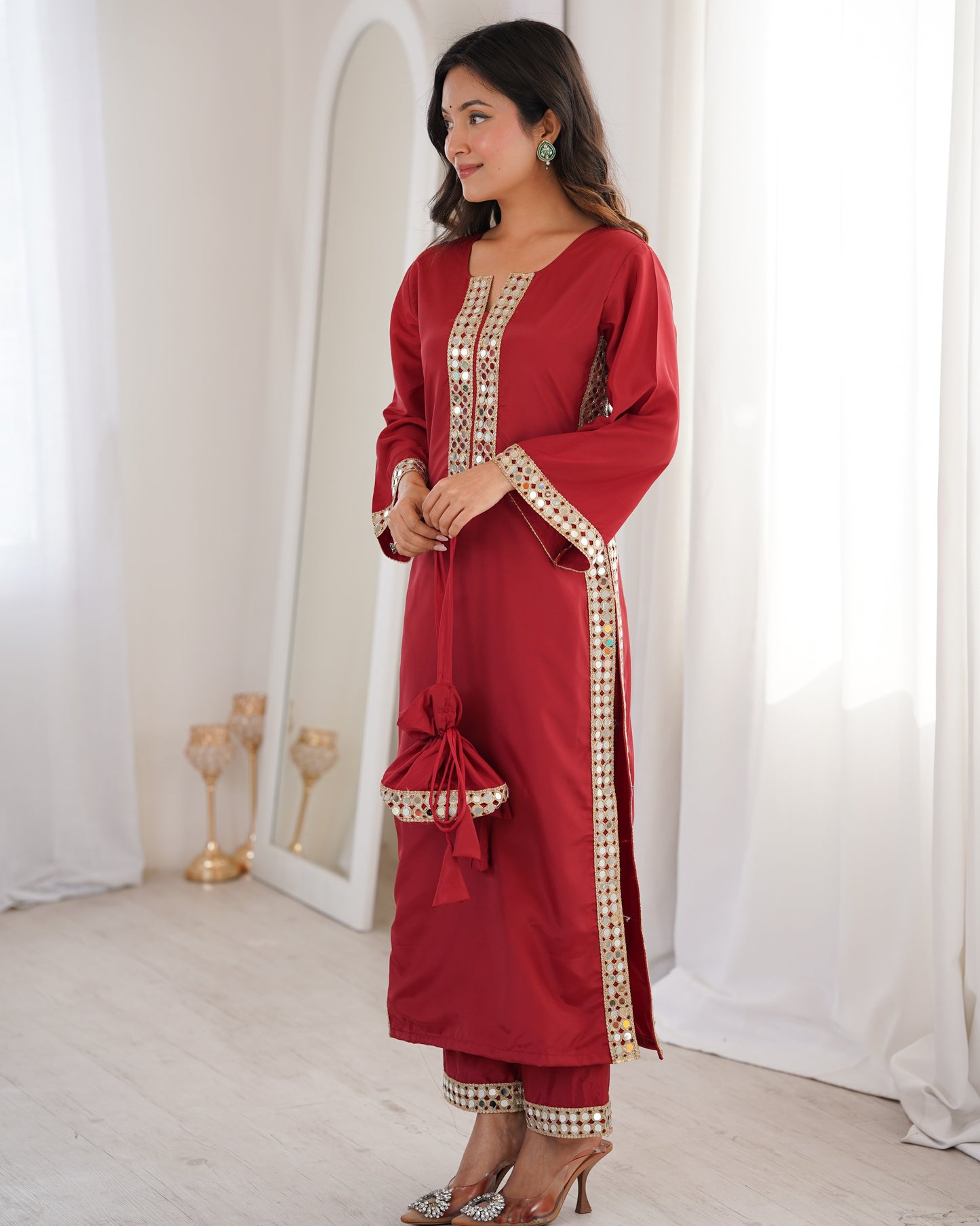 Aarohi Maroon Mirror-Work Straight Kurta Set with Potli