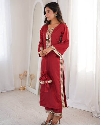 Aarohi Maroon Mirror-Work Straight Kurta Set with Potli