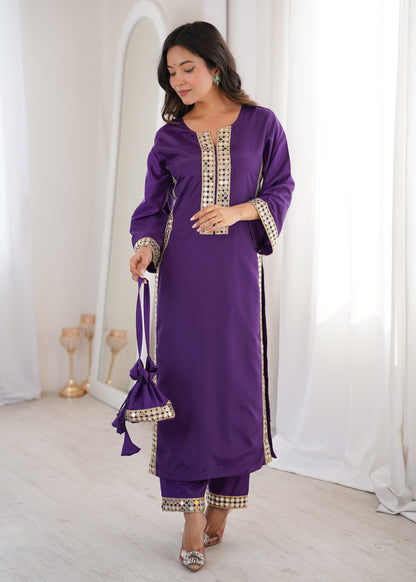Aarohi Royal Purple Mirror-Work Straight Kurta Set with Potli