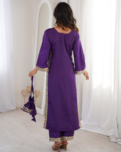 Aarohi Royal Purple Mirror-Work Straight Kurta Set with Potli