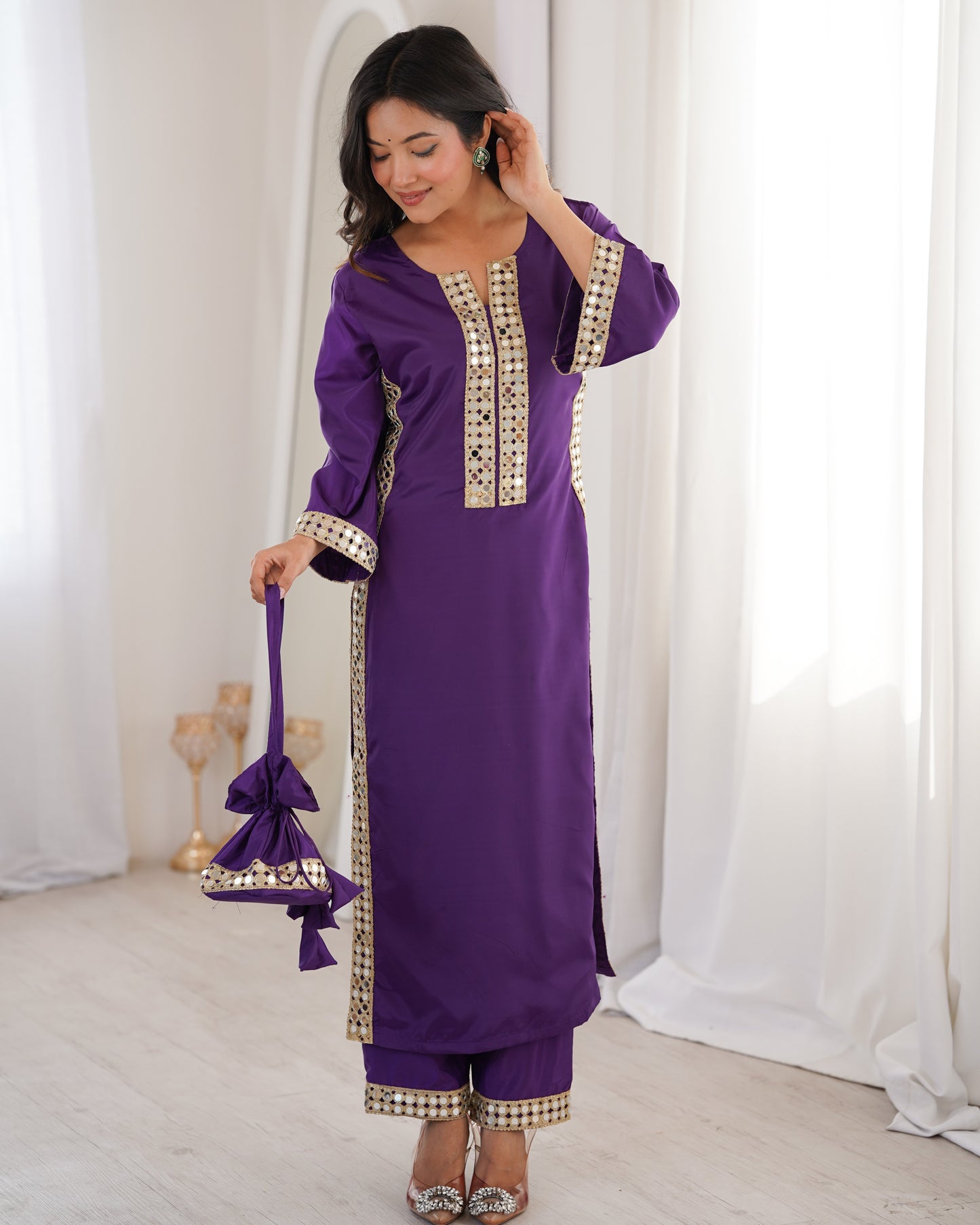 Aarohi Royal Purple Mirror-Work Straight Kurta Set with Potli
