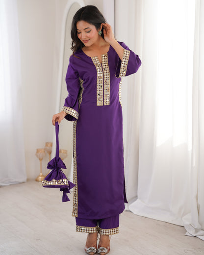Aarohi Royal Purple Mirror-Work Straight Kurta Set with Potli