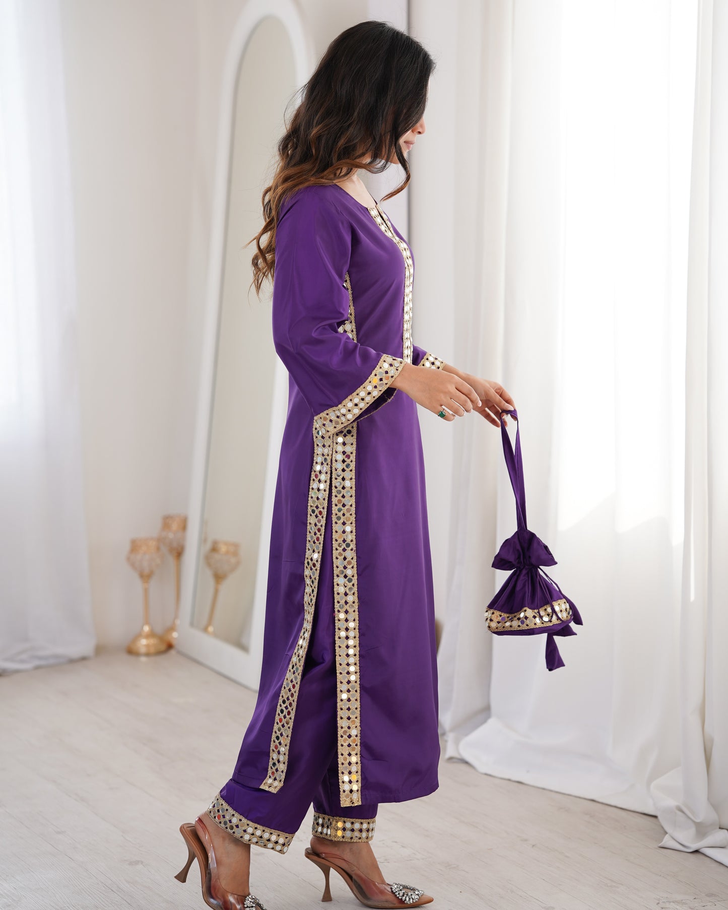 Aarohi Royal Purple Mirror-Work Straight Kurta Set with Potli