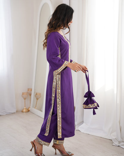 Aarohi Royal Purple Mirror-Work Straight Kurta Set with Potli