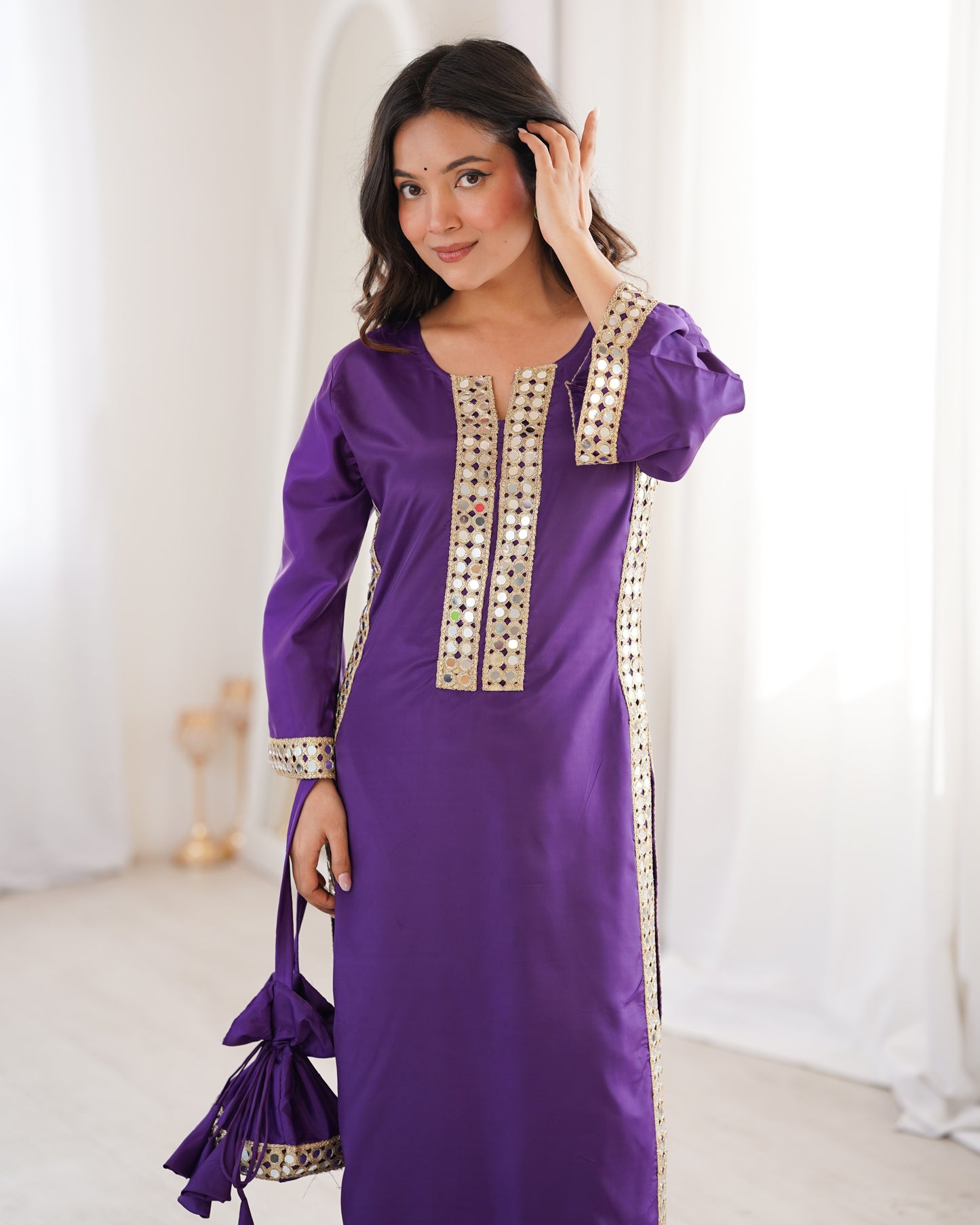 Aarohi Royal Purple Mirror-Work Straight Kurta Set with Potli