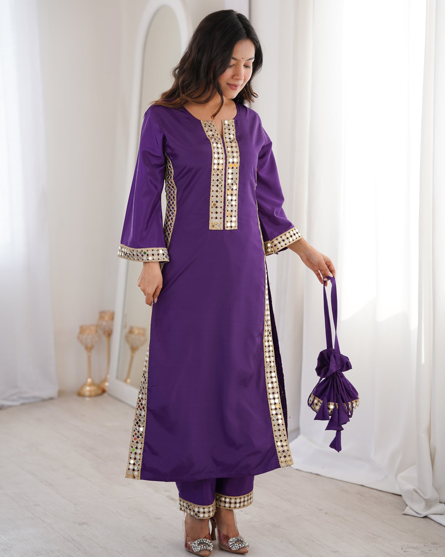 Aarohi Royal Purple Mirror-Work Straight Kurta Set with Potli