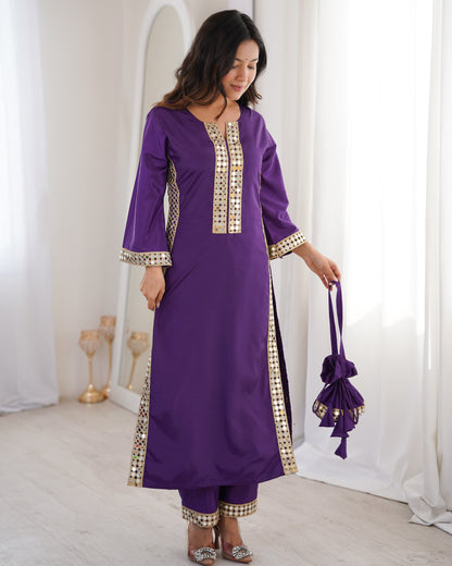 Aarohi Royal Purple Mirror-Work Straight Kurta Set with Potli