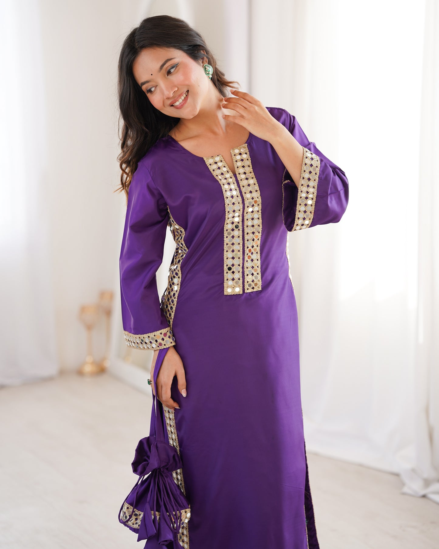 Aarohi Royal Purple Mirror-Work Straight Kurta Set with Potli