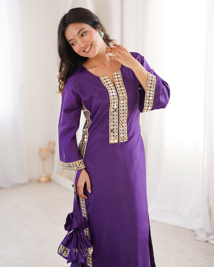 Aarohi Royal Purple Mirror-Work Straight Kurta Set with Potli