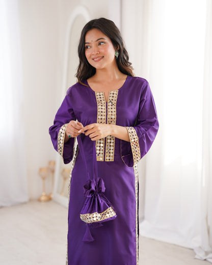 Aarohi Royal Purple Mirror-Work Straight Kurta Set with Potli