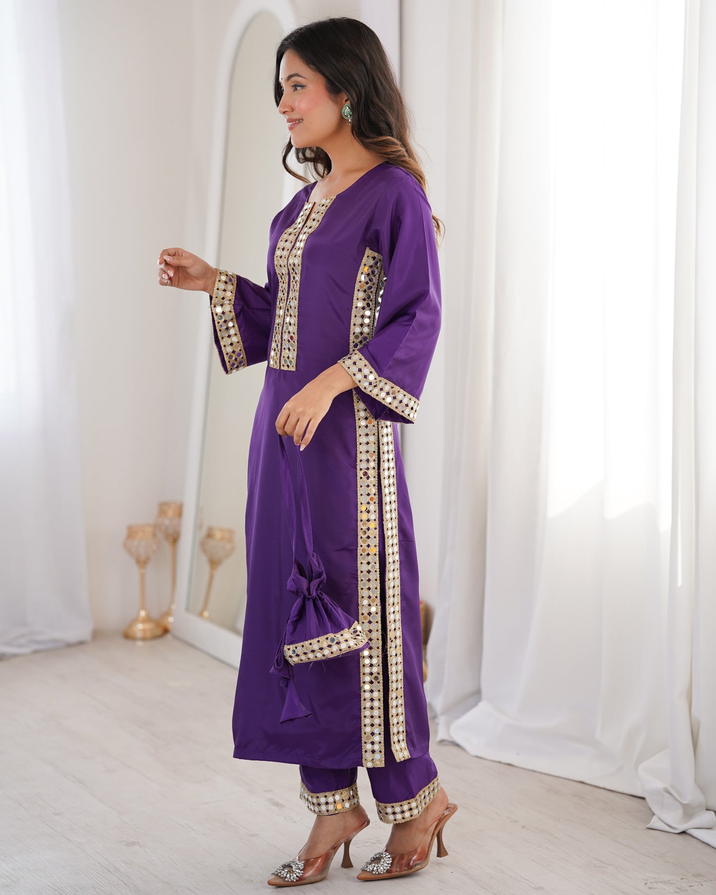 Aarohi Royal Purple Mirror-Work Straight Kurta Set with Potli