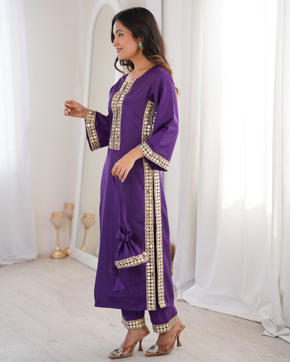 Aarohi Royal Purple Mirror-Work Straight Kurta Set with Potli