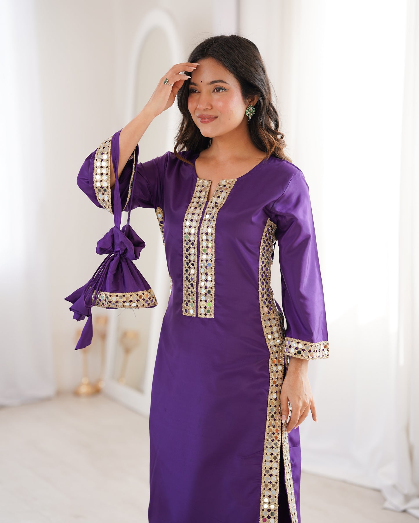 Aarohi Royal Purple Mirror-Work Straight Kurta Set with Potli