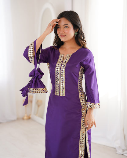 Aarohi Royal Purple Mirror-Work Straight Kurta Set with Potli