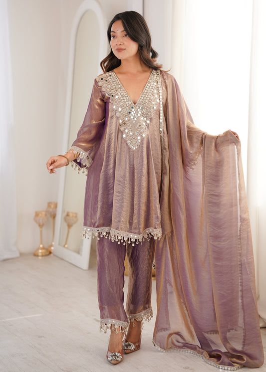 Sonal Mauve-Gold Iridescent Tissue Silk Mirror-Work Suit Set