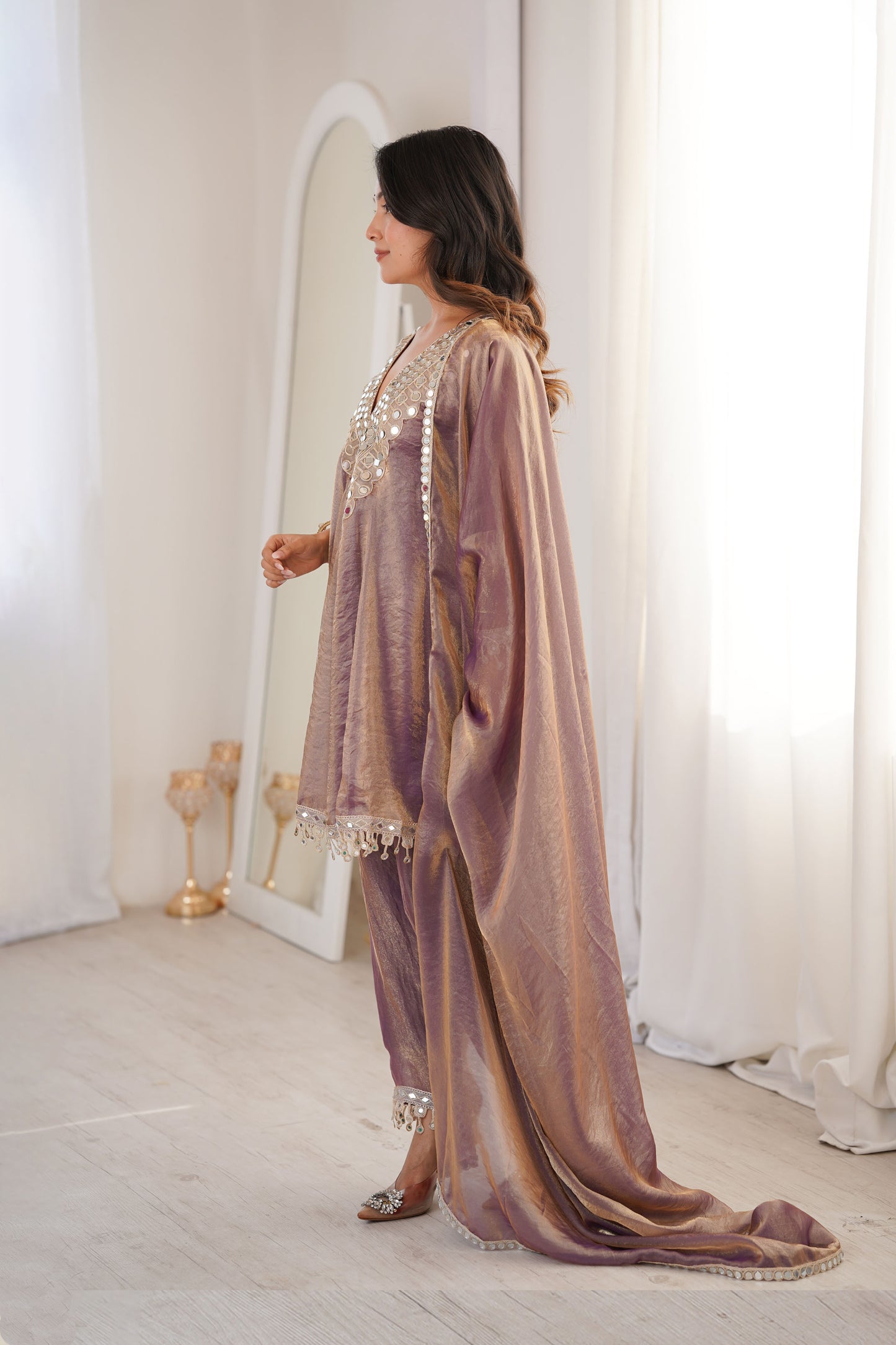 Sonal Mauve-Gold Iridescent Tissue Silk Mirror-Work Suit Set