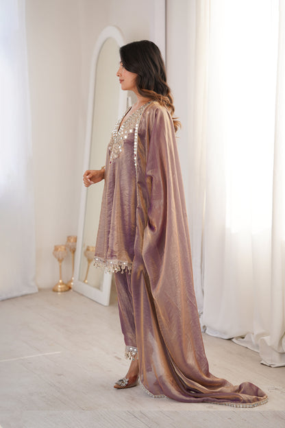 Sonal Mauve-Gold Iridescent Tissue Silk Mirror-Work Suit Set