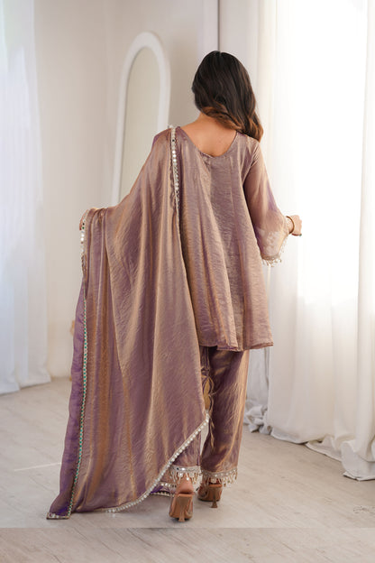 Sonal Mauve-Gold Iridescent Tissue Silk Mirror-Work Suit Set