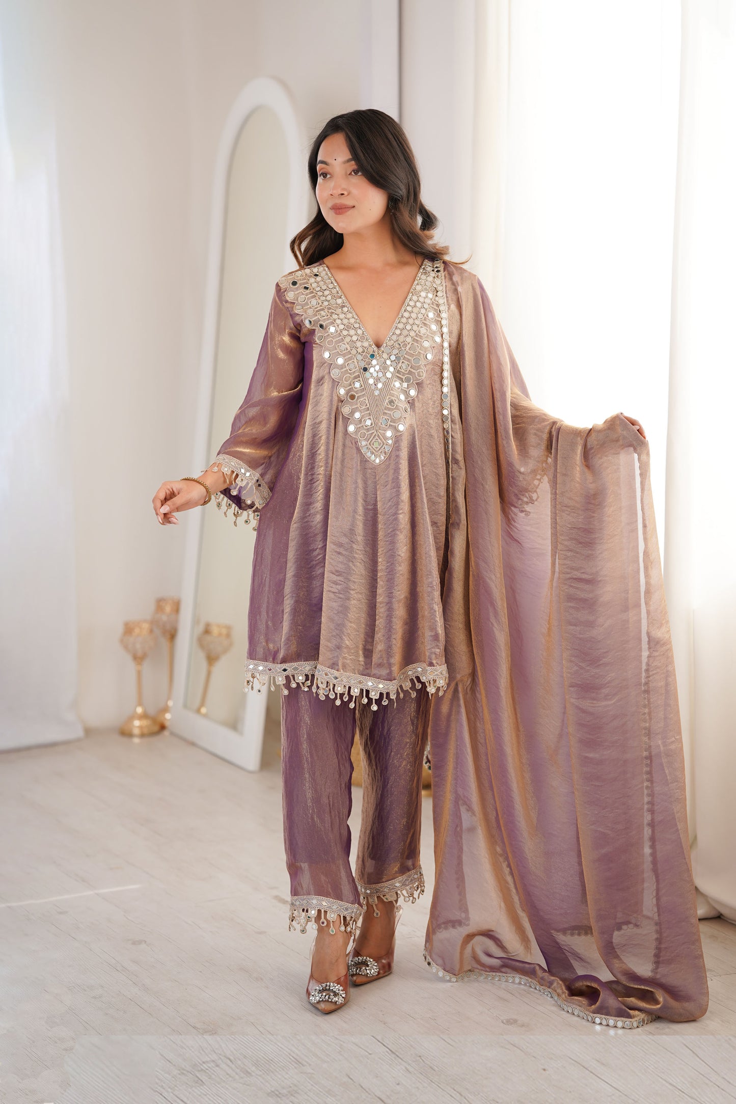 Sonal Mauve-Gold Iridescent Tissue Silk Mirror-Work Suit Set