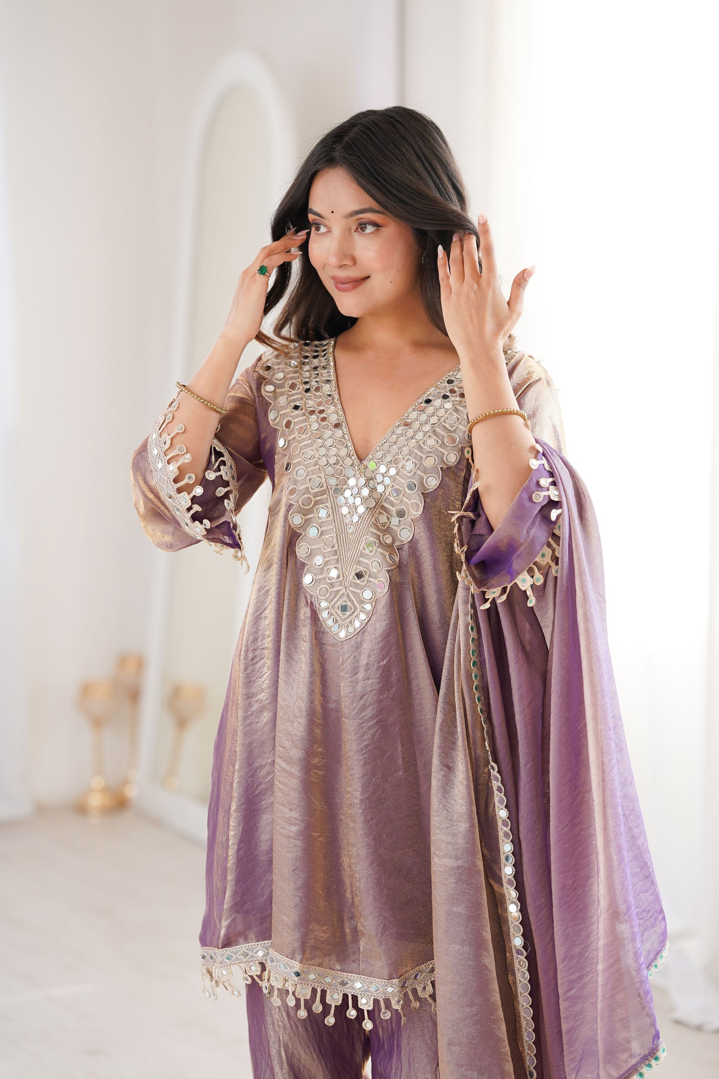 Sonal Mauve-Gold Iridescent Tissue Silk Mirror-Work Suit Set