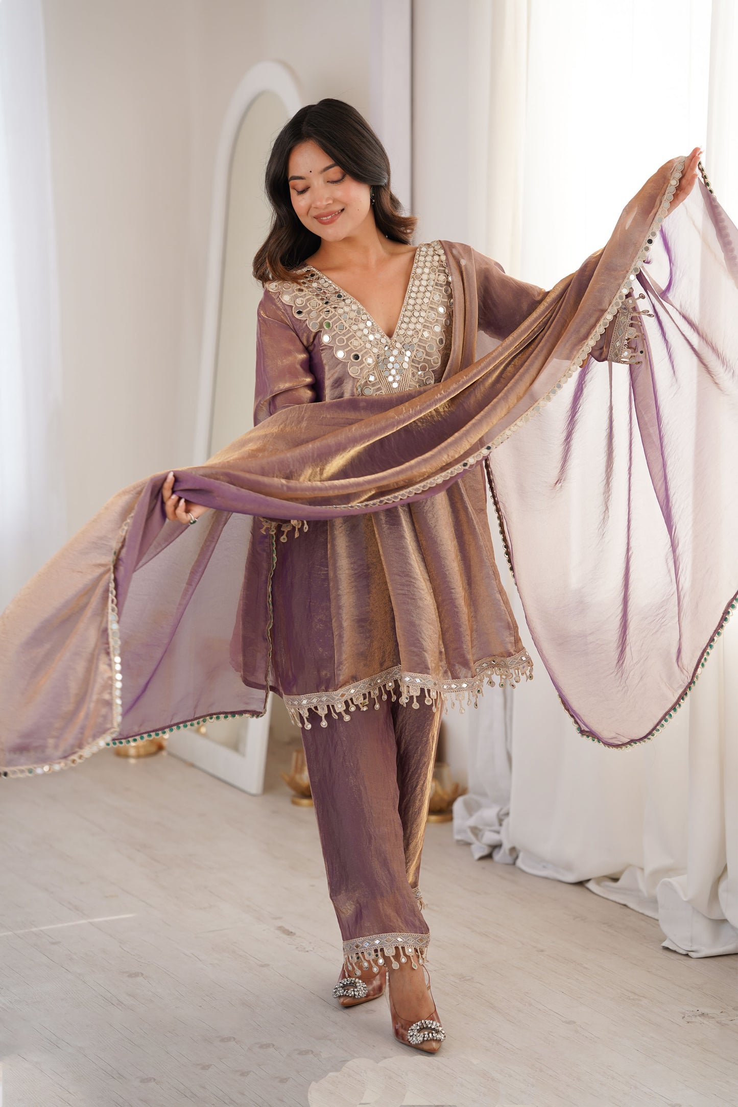 Sonal Mauve-Gold Iridescent Tissue Silk Mirror-Work Suit Set