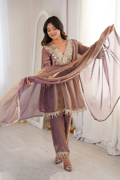 Sonal Mauve-Gold Iridescent Tissue Silk Mirror-Work Suit Set