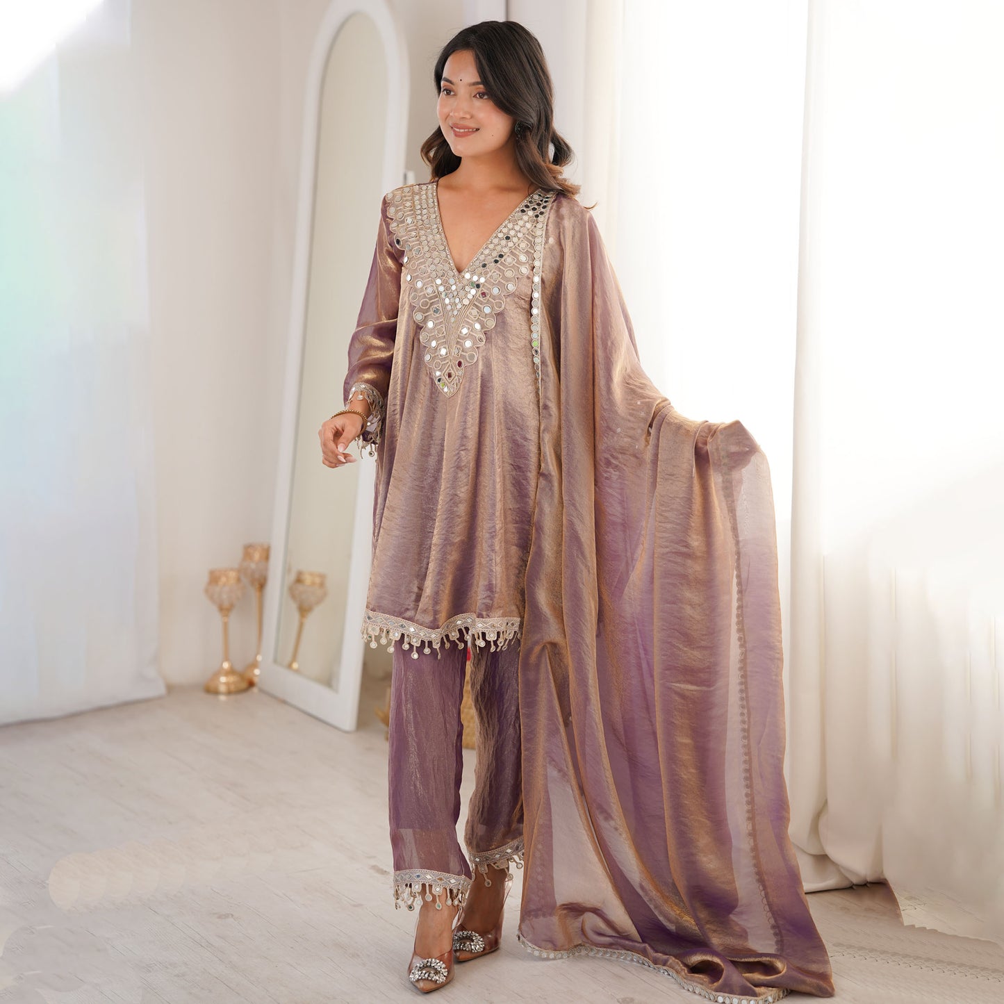 Sonal Mauve-Gold Iridescent Tissue Silk Mirror-Work Suit Set