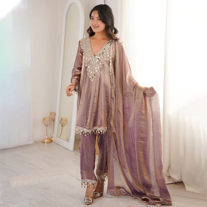 Sonal Mauve-Gold Iridescent Tissue Silk Mirror-Work Suit Set