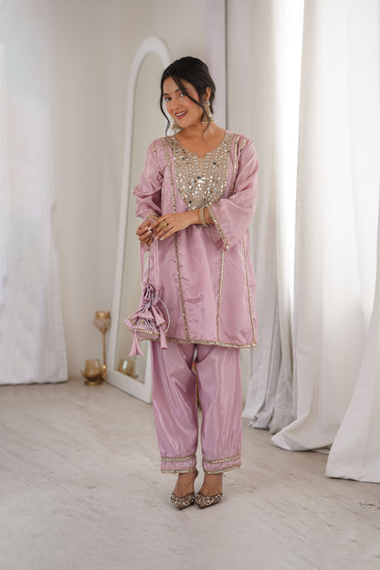 Aaina Blush Pink Real Mirror Lace Embroidery Kurti Set