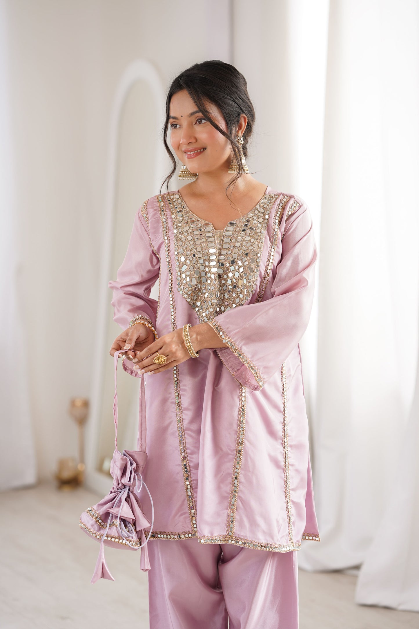 Aaina Blush Pink Real Mirror Lace Embroidery Kurti Set