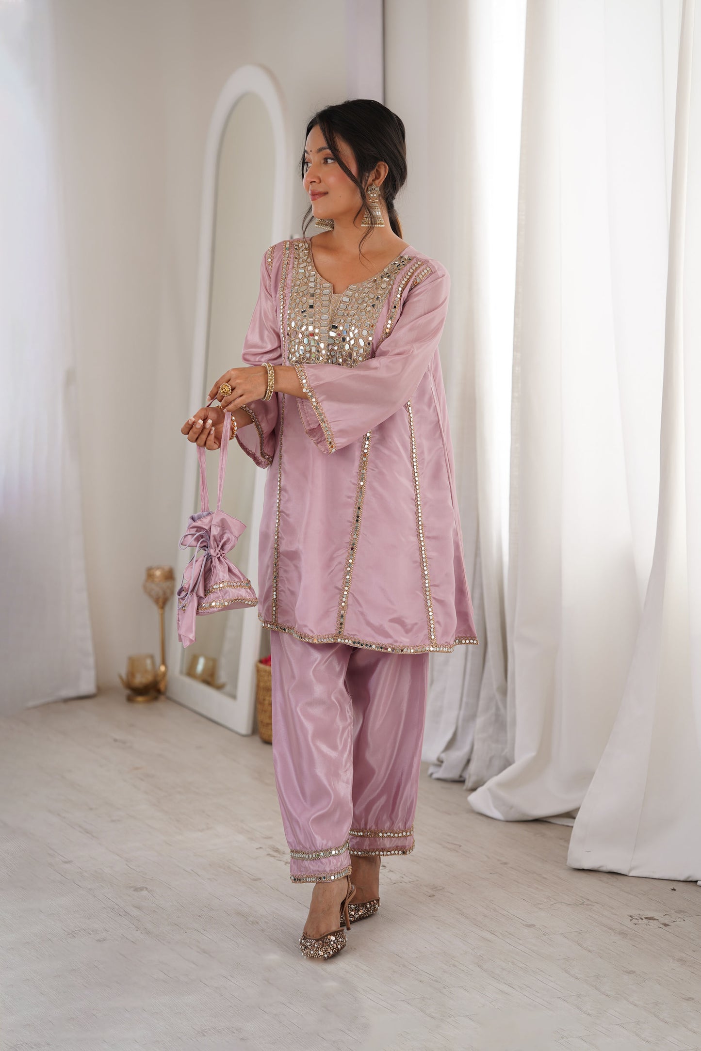 Aaina Blush Pink Real Mirror Lace Embroidery Kurti Set
