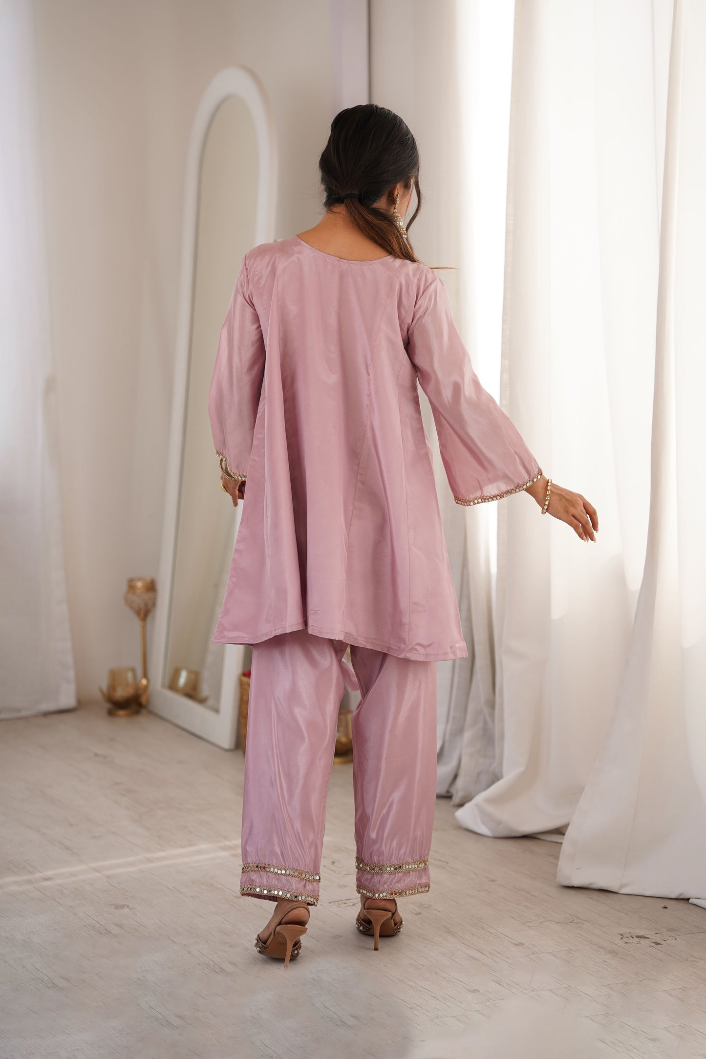 Aaina Blush Pink Real Mirror Lace Embroidery Kurti Set