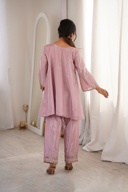 Aaina Blush Pink Real Mirror Lace Embroidery Kurti Set