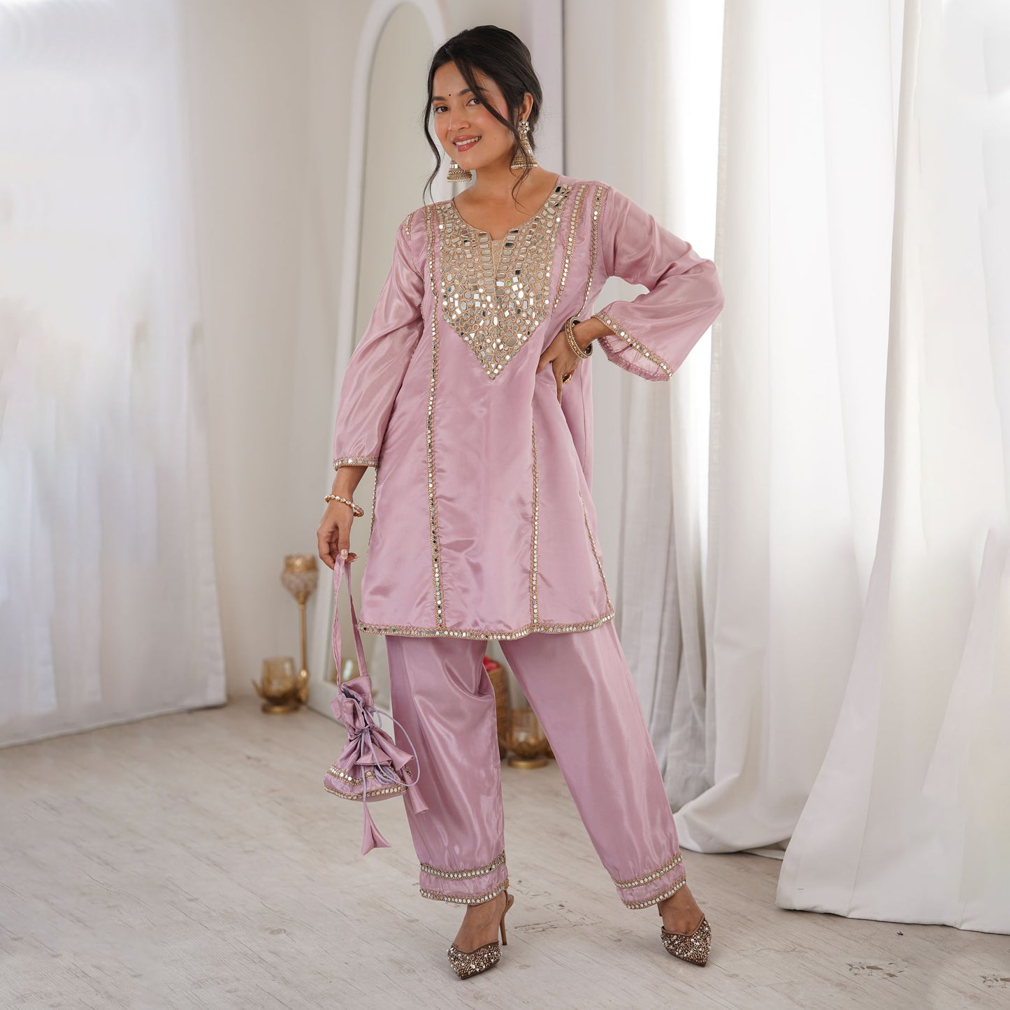 Aaina Blush Pink Real Mirror Lace Embroidery Kurti Set