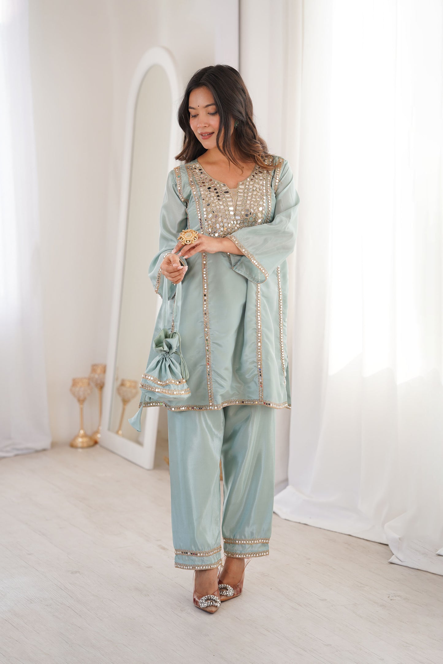 Aaina Sky Blue Real Mirror Lace Embroidery Kurti Set