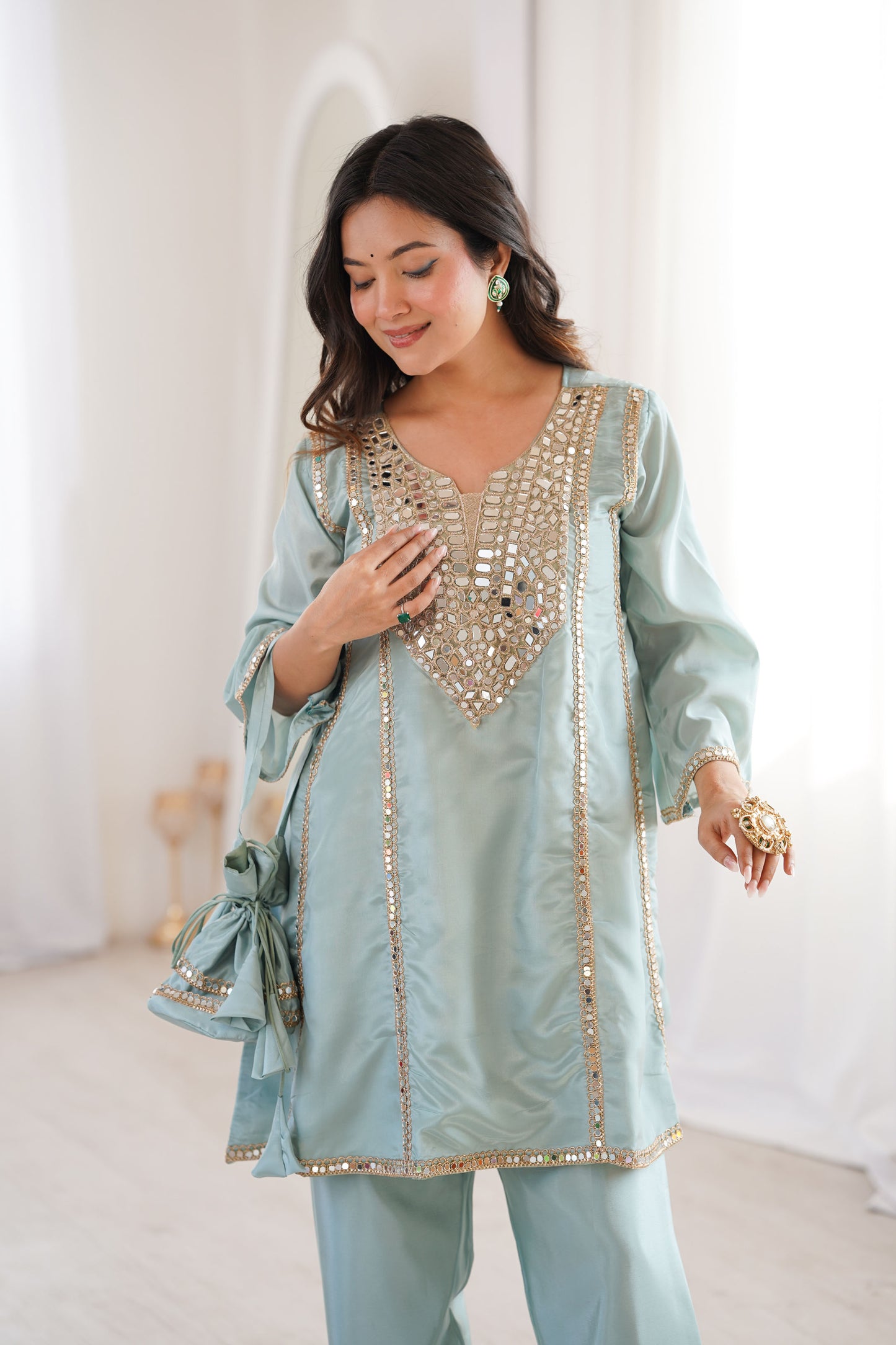 Aaina Sky Blue Real Mirror Lace Embroidery Kurti Set