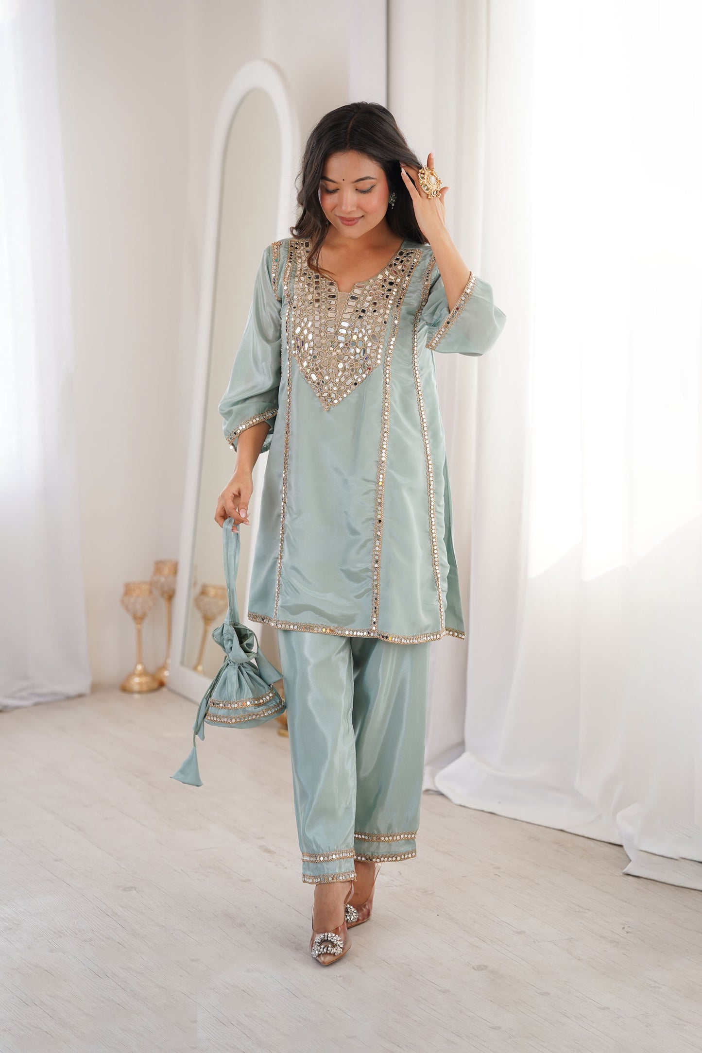 Aaina Sky Blue Real Mirror Lace Embroidery Kurti Set