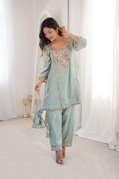 Aaina Sky Blue Real Mirror Lace Embroidery Kurti Set