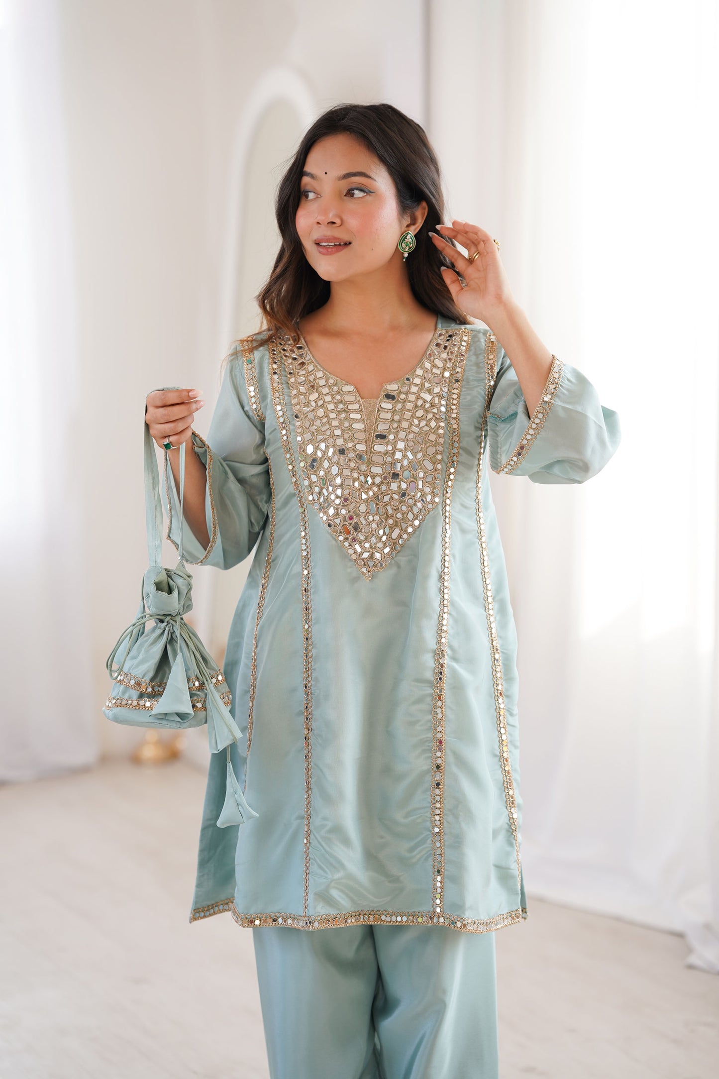Aaina Sky Blue Real Mirror Lace Embroidery Kurti Set