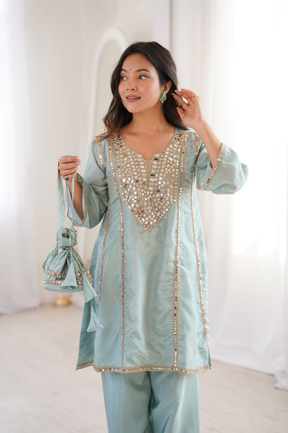 Aaina Sky Blue Real Mirror Lace Embroidery Kurti Set