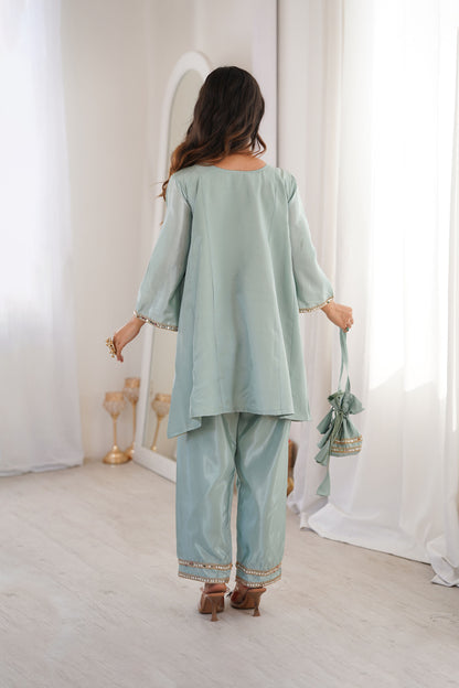 Aaina Sky Blue Real Mirror Lace Embroidery Kurti Set