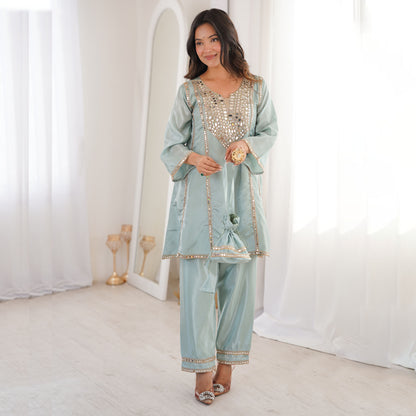 Aaina Sky Blue Real Mirror Lace Embroidery Kurti Set