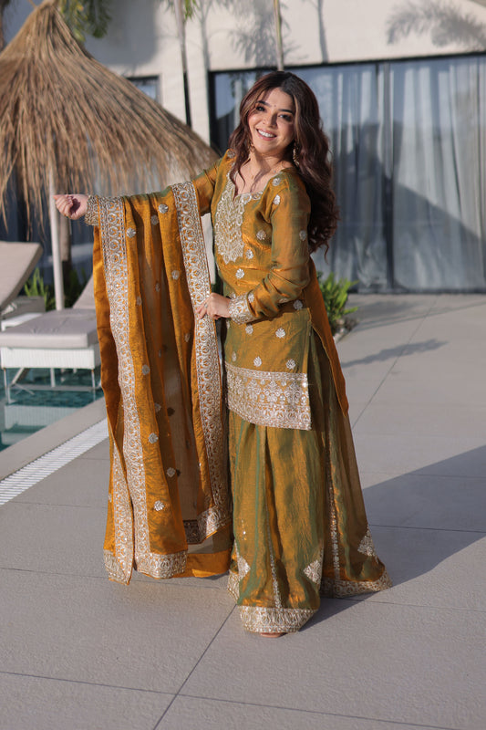 Golden with Olive Green Duel Tone Sharara Suit Set