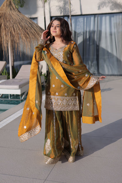 Golden with Olive Green Duel Tone Sharara Suit Set
